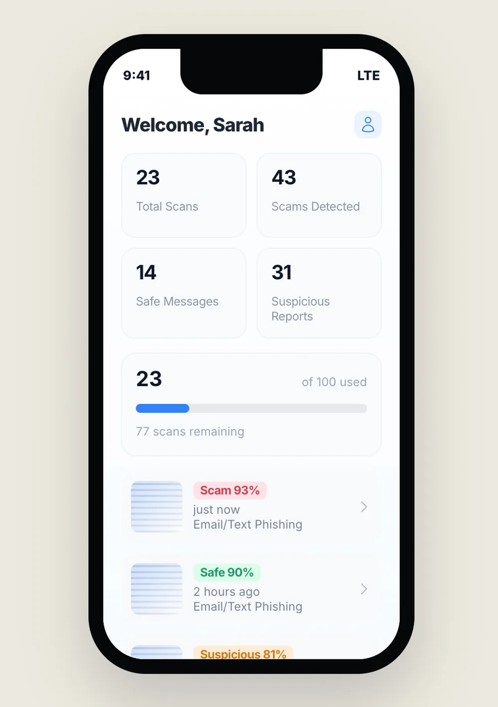 Korpus app home screen with scam check results
